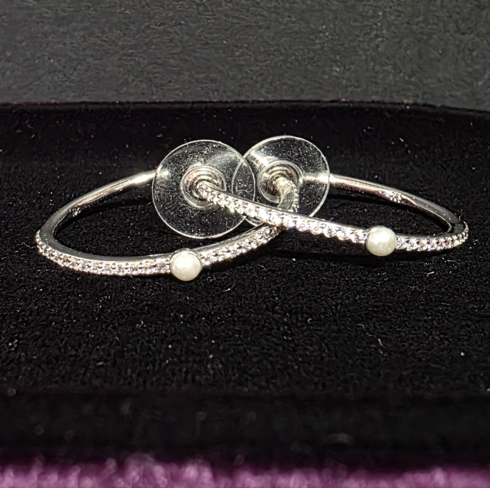 Elegant Silver CZ and Pearl Hoop Earrings